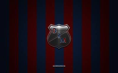 Deportivo Independiente Medellin logo, Colombia football club, Category Primera A, red blue carbon background, Deportivo Independiente Medellin emblem, football, Deportivo Independiente Medellin, Colombia, Independiente Medellin