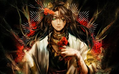 レオナ・キングショーラ, 緑の目, ねじれたワンダーランド, 着物, 漫画, アートワーク, reona kingusukara, ツイストワンダーランドのキャラクター, レオナ・キンシンコルのねじれワンダーランド