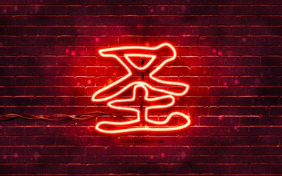 Holy neon hieroglyph, 4K, red brickwall, Holy Kanji, Kanji hieroglyphs, Holy hieroglyph, Japanese Kanji, japanese hieroglyphs, artwork, hieroglyphs, Holy