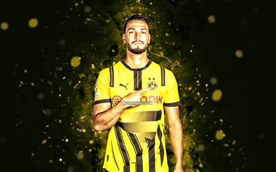 4k, ramy bensebaini, fondo abstracto amarillo, borussia dortmund, bundesliga, futbolistas argelinos, luces de neón amarillas, ramy bensebaini 4k, fútbol americano, fútbol, bvb, bv borussia 09 dortmund, ramy bensebaini bvb