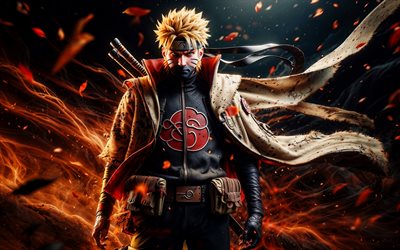 Naruto Uzumaki, 4K, fire flames, Naruto, 3D art, anime characters, Uzumaki Clan, creative art, Naruto characters, manga, Naruto art, Uzumaki Naruto