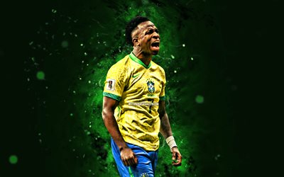 vinicius junior, 4k, luces de neón verde, equipo de fútbol nacional de brasil, conmobol, futbolistas brasileños, vinicius junior 4k, fútbol americano, fútbol, equipos nacionales, sudamerica, vinicius jr, vini jr, cbf, equipo de brasil junior de vinicius