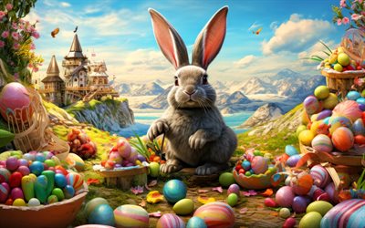 bunny di pasqua, 4k, art fantasy, uova di pasqua, castello da favola, pasqua, sfondo con bunny, coniglio, bunny, buona pasqua, cartoon easter bunny