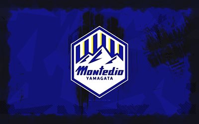 montedio yamagata 그런지 로고, 4k, j2 리그, 파란색 그런지 배경, 축구, montedio yamagata emblem, montedio yamagata 로고, montedio yamagata, 일본 축구 클럽, montedio yamagata fc