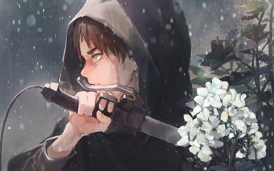 4k, エレン・イーガー, 剣, shingeki no kyojin, 白い花, 漫画, 進撃の巨人, アニメキャラクター, 主人公, タイタンのキャラクターへの攻撃, タイタンに対するエレン・イーガーの攻撃