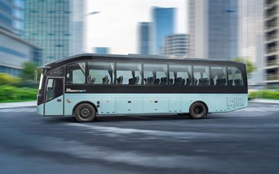 4k, tata intercity ev, bewegung unschärfe, passagiertransport, 2025 busse, elektrische busse, blauer bus, zivilverkehr, transport von menschen, tourismus, 2025 tata intercity ev, busse, tata