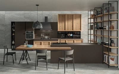 projet de cuisine de style loft, intérieur moderne, cuisine, design d'intérieur élégant, style loft, grenier, murs en béton dans la cuisine, projet de cuisine