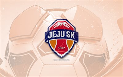 Jeju SK glossy logo, 4K, orange football background, K League 1, soccer, Jeju SK, south korean football club, Jeju SK emblem, Jeju SK logo, Jeju FC