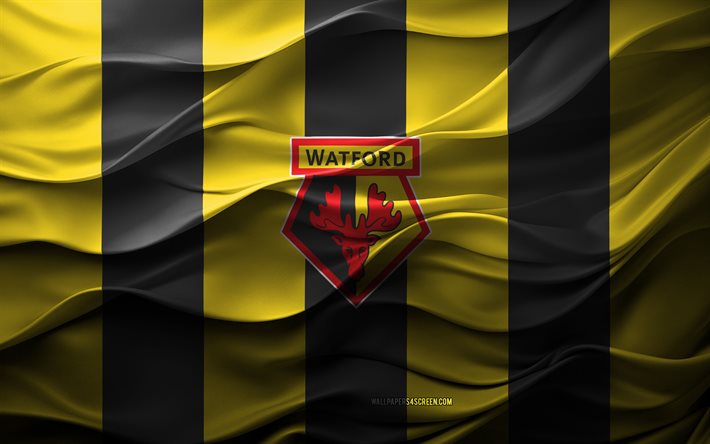 4k, Watford FC logo, yellow black 3d background, Championship, Watford FC emblem, English football team, Watford FC flag, 3d texture, England, Watford FC, football, soccer, Watford