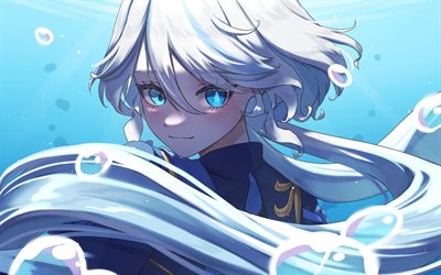 furina de fontaine, 4k, 主人公のゲンシンの衝撃, 青い目, アニメキャラクター, 水中, アートワーク, genshinはキャラクターに影響を与えます, furina de fontaine genshin impact