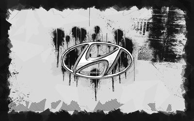 logo grunge hyundai, 4k, marques de voitures, fond grunge gris, logo hyundai, œuvres d'art, logo des marques, hyundai, marques