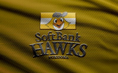 Fukuoka SoftBank Hawks fabric logo, 4k, yellow fabric background, NPB, bokeh, baseball, Fukuoka SoftBank Hawks logo, Fukuoka SoftBank Hawks emblem, japanese baseball team, Fukuoka SoftBank Hawks