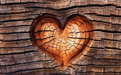 holzherz, 4k, geschnitztes herz, liebeskonzepte, herz auf holz, herzzeichen, liebeszeichen, kreativ, hintergrund mit herz