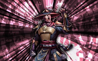 4k, Raiden, Mortal Kombat, pink rays background, MKM, abstract art, Mortal Kombat Mobile, Raiden MKM, Mortal Kombat characters, Mortal Kombat X, Raiden Mortal Kombat, creative art