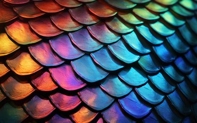 colorful fish scales, 4k, macro, fish scales, 3D textures, natural textures, colorful scales backgrounds, colorful scales textures, scales textures