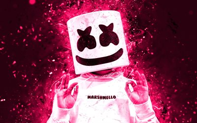 DJ Marshmello, 4k, pink neon lights, music stars, Christopher Comstock, Marshmello mask, popular singers, american DJ, superstars, Marshmello, pink abstract background, DJs, Marshmello 4K