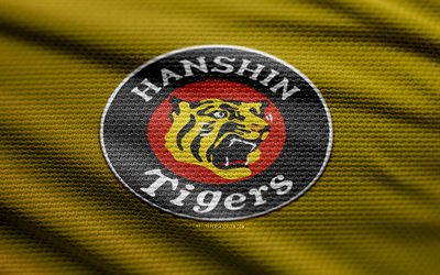 Hanshin Tigers fabric logo, 4k, yellow fabric background, NPB, bokeh, baseball, Hanshin Tigers logo, Hanshin Tigers emblem, japanese baseball team, Hanshin Tigers