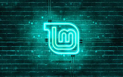 Linux Mint turquoise neon logo, 4K, OS brands, turquoise brickwall, creative, Linux Mint, logo, artwork, Linux Mint neon logo, OS logo, Linux