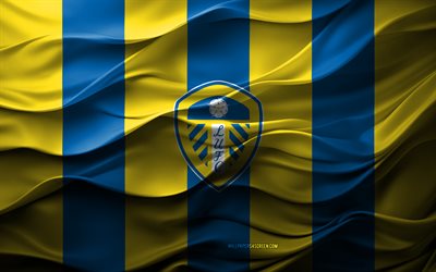 4k, Leeds United FC logo, blue yellow 3d background, Championship, Leeds United FC emblem, English football team, Leeds United FC flag, 3d texture, England, Leeds United FC, football, soccer, Leeds United
