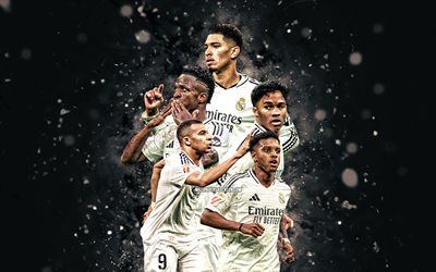 Real Madrid, 4K, La Liga, spanish football club, white neon lights, Real Madrid football players, Kylian Mbappe, Vinicius Junior, Rodrygo, Endrick, Jude Bellingham, football, soccer, Galacticos, Real Madrid CF, LaLiga, Real Madrid FC