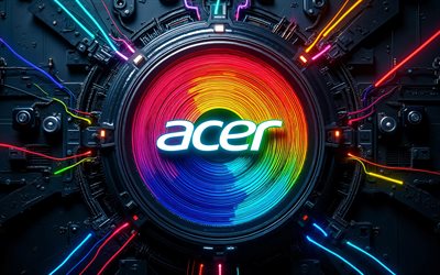 abstraktes acer logo, 4k, dunkler high tech hintergrund, bunte neonlichter, dirigenten, mikroschaltung, elektronikmarken, acer 3d logo, marken, buntes acer logo, kunstwerk, acer logo, acer