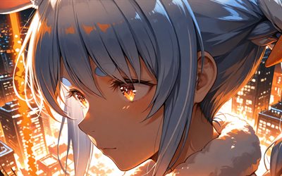 4k, usada pekora, orangefarbenes stadtbild, nacht, virtueller youtuber, nahaufnahme, orangefarbene augen, karotten, vtuber, kreativ, hololive, manga, usada pekora kanal, usada pekora virtual youtuber