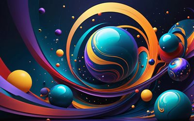 4k, ondas coloridas en 3d, abstracciones oscuras, bolas de colores, esferas, curvas 3d de colores, arte 3d, obra de arte, ondas abstractas coloridas, fondo ondulado abstracto, ondas abstractas, fondos abstractos