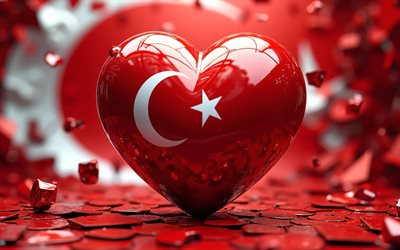 türkiye'yi seviyorum, 4k, bokeh, kırmızı 3d arka planlar, kapatmak, türkiye günü, türkiye bayrağı, 3 boyutlu sanat, türk bayrağı ile kalp, yaratıcı, 3 boyutlu kalpler, türk bayrağı, türkiye, türkiye aşkı