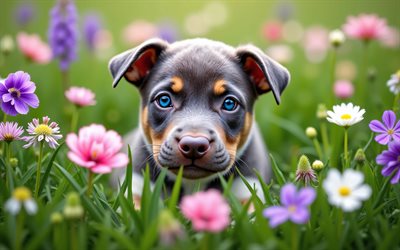 4k, cachorro pitbull americano, de cerca, primavera, bokeh, perros, animales lindos, cachorros, mascotas, pitbull americano, flores de primavera, cachorro en el césped, perro pitbull americano