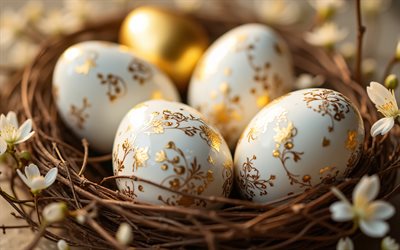 goldene ostereier, 4k, apfelblüte, frohe ostern, frühling, osterschmuck, ostervorlage, ostereier mit goldenen ornamenten, osterdekorationen, osterkonzepte, ostern