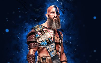 Tommaso Ciampa, 4k, blue neon lights, WWE, creative, american wrestler, Tommaso Whitney, Tommaso Ciampa with belt, blue abstract background, World Wrestling Entertainment, wrestlers, Tommaso Ciampa 4K