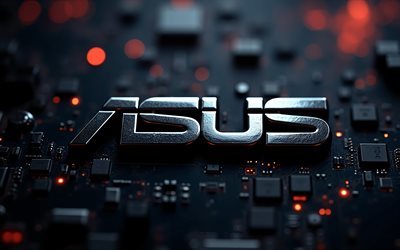 Asus black metal logo, 4k, black motherboard, Asus metal logo, Asus emblem, Asus black metal sign, Asus logo, black technology background, Asus