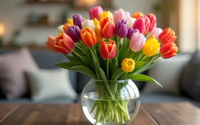 باقة من زهور التوليب في مزهرية زجاجية, 4k, زهور التوليب متعددة الألوان, مزهرية زجاجية, باقة توليب, زهور التوليب الحمراء, الزنبق الأصفر, باقة الربيع, ربيع, زهور التوليب