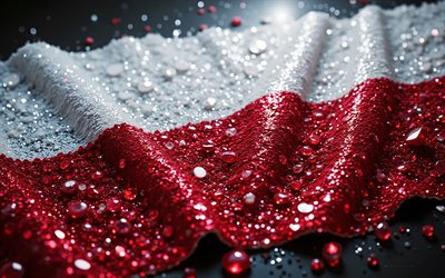 Polish flag, 4K, gemstones, flag of Poland, crystals, shiny stones, Poland, creative art, red gemstones, red white crystals, Poland flag