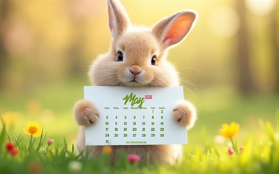 calendario di maggio 2026, 4k, coniglietto carino 3d, paesaggio primaverile, calendario maggio 2026, coniglietto con calendario, soffice coniglietto 3d, calendari di maggio, concetti del 2026, coniglietto, maggio