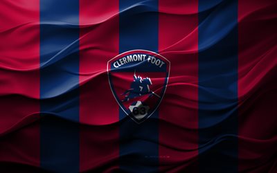 4k, Clermont Foot 63 logo, blue burgundy 3D background, Clermont Foot 63 emblem, Ligue 2, French football team, Clermont Foot 63 flag, 3D texture, Clermont Foot 63, football, France