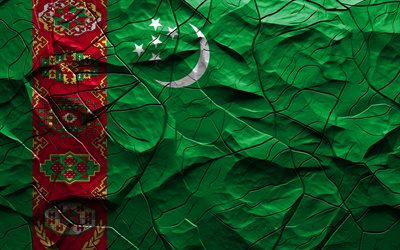 4k, bandeira do turquemenistão, textura de pedra, bandeira do turcomenistão, ásia, bandeira 3d do turcomenistão, fundo com rachaduras, turcomenistão