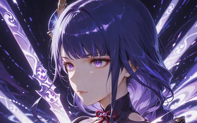 4k, Raiden Shogun, purple neon rays, darkness, Genshin Impact, violet abstract background, anime characters, Genshin Impact characters, Raiden Shogun Genshin Impact