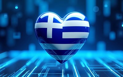 4k, I Love Greece, blue neon rays, digital art, blue 3D background, bokeh, Day of Greece, flag of Greece, heart with Greek flag, artwork, 3D hearts, Greek flag, Greece, Love for Greece