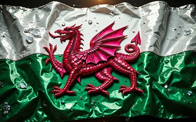 Welsh flag, 4K, gemstones, flag of Wales, crystals, shiny stones, Wales, creative art, red gemstones, red white green crystals, Wales flag