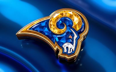 logotipo de cristal de los angeles rams, 4k, fondo metálico azul, logotipo de los rams de los ángeles, emblema de los rams de los ángeles, eeuu, rams de los ángeles, fútbol americano, nfl