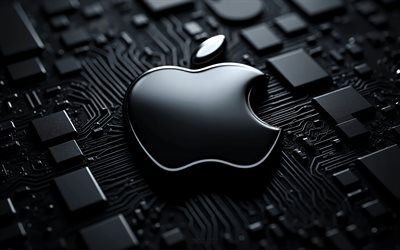 logotipo de metal preto da apple, 4k, fundo de tecnologia preta, logotipo da maçã, emblema preto da apple, logotipo 3d da apple, sinal de metal preto da apple, maçã, logotipo preto da apple