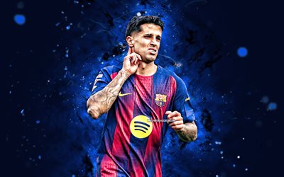 Joao Cancelo, 4k, joy, blue neon lights, FC Barcelona, La Liga, portuguese footballers, Joao Cancelo 4K, football, soccer, Barcelona FC, LaLiga, Barcelona, FCB