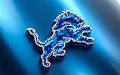 डेट्रॉइट लायंस ग्लास लोगो, 4k, नीली धातु पृष्ठभूमि, कांच कला, कलंक, डेट्रॉइट लायंस का प्रतीक, यूएसए, डेट्रॉइट लायंस, अमेरिकी फुटबॉल, डेट्रॉइट लायंस लोगो, एनएफएल