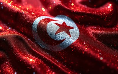 علم تونس يتلألأ, 4k, خوخه, يوم تونس, ماكرو, علم تونس, العلم التونسي, علم تونس قماش مموج, الفن الإبداعي, تونس