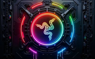 Razer abstract logo, 4k, dark hi-tech background, colorful neon lights, conductors, microcircuit, electronics brands, Razer 3D logo, brands, Razer colorful logo, artwork, Razer logo, Razer