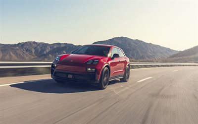 4k, porsche macan gts, desenfoque de movimiento, 2026 coches, camino, cruces, porsche macan rojo, porsche macan gts 2026, coches alemanes, porsche