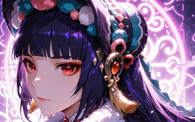 yun jin, 4k, violette neonornamente, genshin impact, nahaufnahme, anime charaktere, rote augen, genshin impact charaktere, yun jin genshin impact