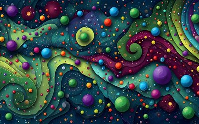 4k, ondas coloridas en 3d, abstracciones verdes, bolas de colores, esferas, obra de arte, ondas abstractas coloridas, galaxia abstracta, fondo ondulado abstracto, ondas abstractas, fondos abstractos