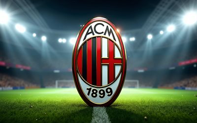 logotipo metálico do ac milan, 4k, estádio de futebol, holofotes, série a, futebol, logotipo do ac milan, logotipo 3d do ac milan, ac milão, clube de futebol italiano, milão fc
